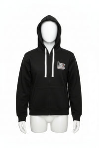 Black zip up hoodie with a YMGA logo on a white background