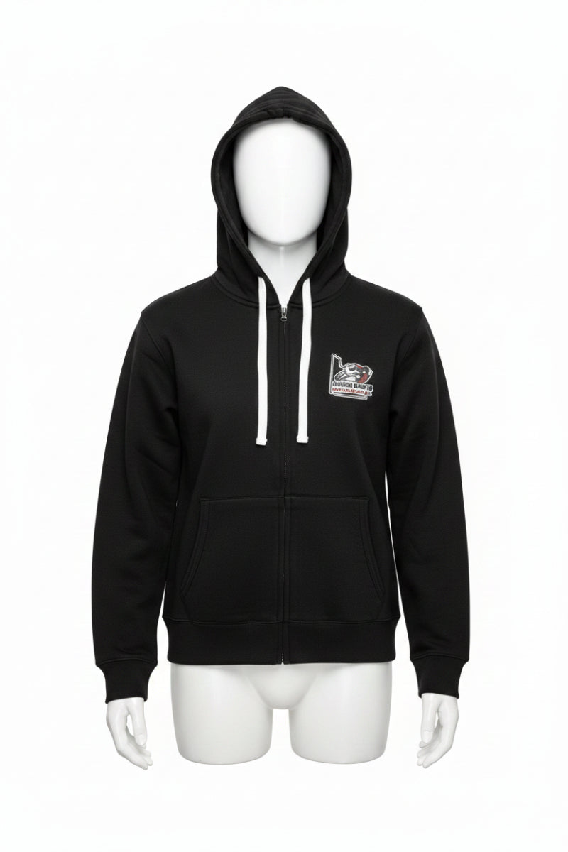 Black zip up hoodie with a YMGA logo on a white background
