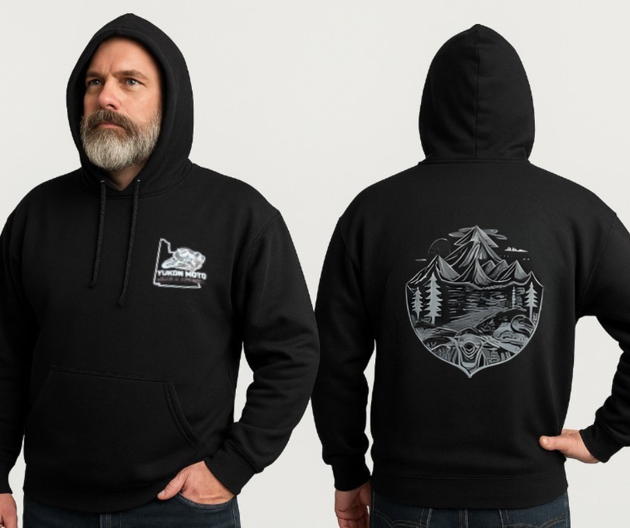 Yukon Moto Gear & Apparel branded Black hoodie with Logo on front and Motorcycle and Mountains design on back, worn by a person against a white background