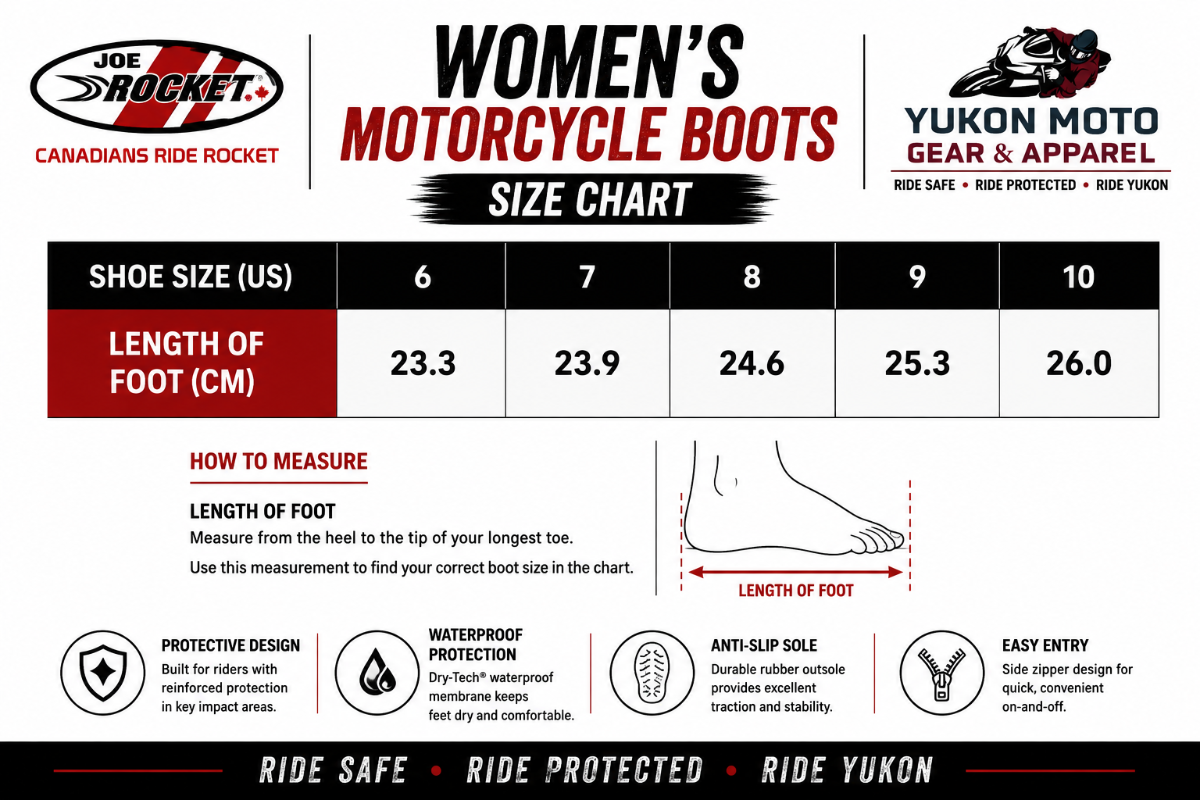 Joe Rocket Women's LOTUS Waterproof Motorcycle Boots Canada Size Chart