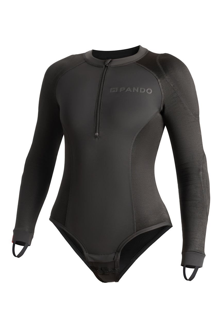 a black basel ayer with front crotch closure on a grey background