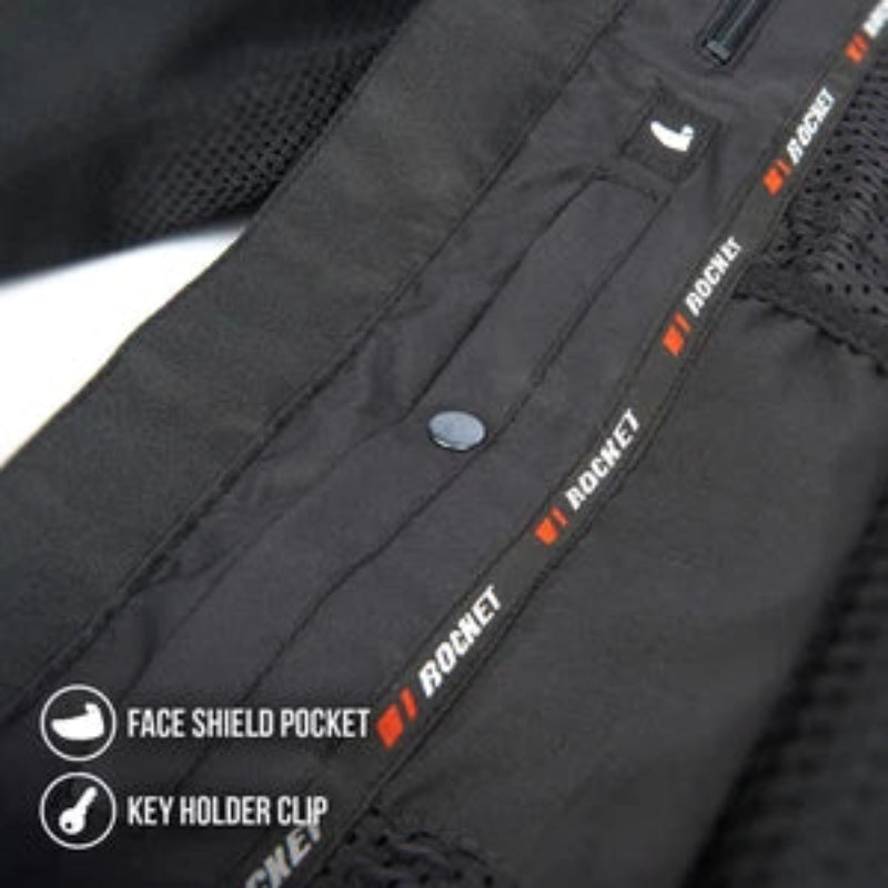Close-up detail shot of a black Rocket bicycle face shield, showing a zippered pocket, mesh ventilation panels, a key holder clip, and a face shield pocket with text callouts.