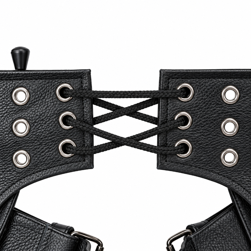 Close-up of the adjustable lace-up back of YMGA black leather motorcycle chaps, featuring braided black laces, metal eyelets and textured leather.